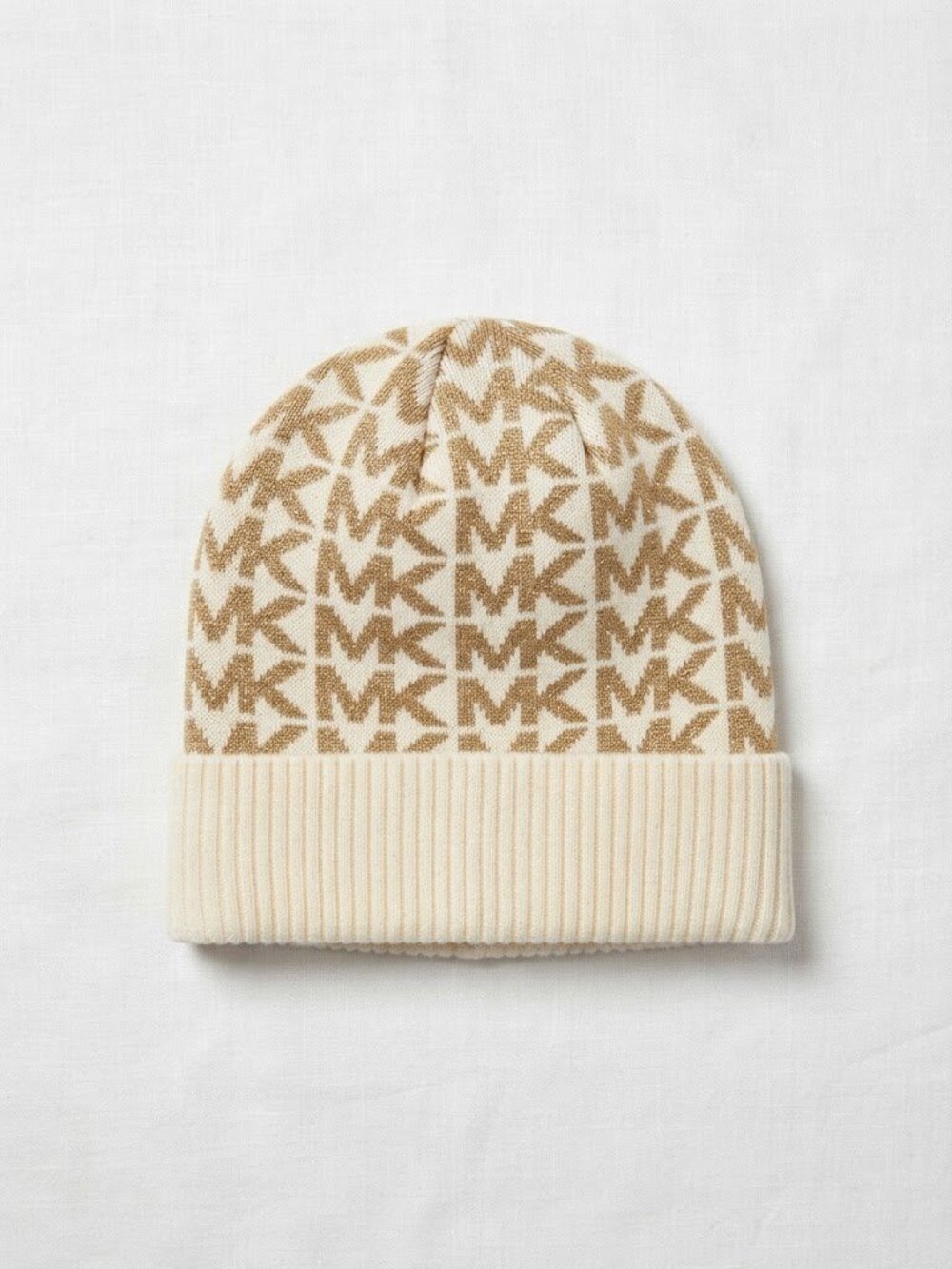 Michael Kors Gold White MK Monogram Logo Beanie Knit Winter Hat Y2K Ski